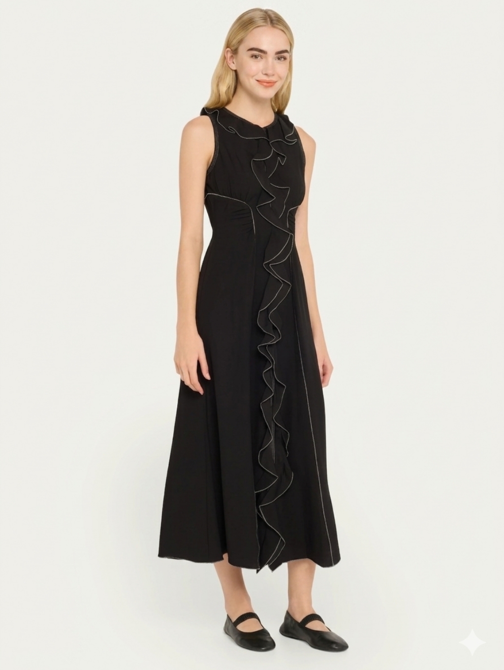 Ulla Johnson Lille Ruffled Crepe Long Dress Sleeveless Topstitching Black 8